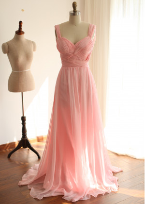 Sexy Open Back Pink Ruching Chiffon Long Prom Dress